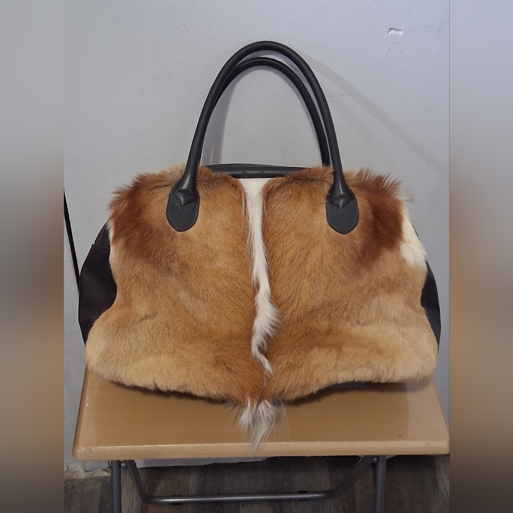 Diane Gilman Designer Antelope and Leather, Tan and Black Shoulder, Hand Bag.